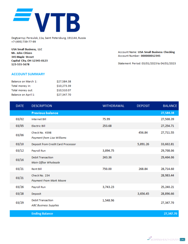 Download VTB Bank firm account statement Word and PDF template Photoshop template